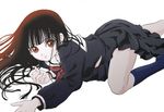  bangs black_hair black_serafuku blunt_bangs bracelet enma_ai hime_cut jewelry jigoku_shoujo kneehighs long_hair official_art red_eyes school_uniform serafuku skirt socks solo yoiyoi 