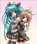  aqua_hair back-to-back bad_id bad_pixiv_id detached_sleeves hatsune_miku kagamine_rin kosuzume long_hair multiple_girls necktie short_hair skirt thighhighs vocaloid 