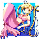  ;) ahoge arm_support armlet bangs blonde_hair blue_background blue_eyes blush bracelet breasts cleavage earrings finger_to_mouth gradient gradient_background hair_intakes jewelry knees_up long_hair medium_breasts mermaid mermaid_melody_pichi_pichi_pitch miru monster_girl nanami_lucia one_eye_closed pendant reclining seashell_earrings shadow shell shell_bikini smile solo twintails 