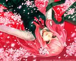  bag cherry_blossoms copyright_request long_hair lying maguchimo petals pink_hair school_uniform solo sweater_vest vest 