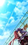  1boy 1girl crossdressing game_cg highres kisaragi_shuuji kiss koisuru_otome_to_shugo_no_tate long_hair multiple_girls purple_hair red_hair redhead sanada_setsuku school_uniform trap yamada_taeko yuri 