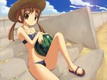  amarotamaro bikini brown_eyes brown_hair day food fruit hat holding holding_food holding_fruit nail_polish original sand sandals sitting sitting_on_stairs solo stairs swimsuit twintails watermelon 