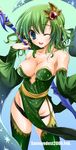  ;d bankoku_ayuya bare_shoulders blue_eyes breasts cleavage detached_sleeves final_fantasy final_fantasy_iv green_hair hair_ornament lowleg lowleg_panties medium_breasts older one_eye_closed open_mouth panties rydia smile solo staff thighhighs underwear 