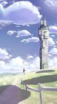  animal_ears cloud day fence landscape mochizuki_saku original pink_hair polearm sky solo spear tail tower weapon 