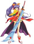  absurdres bow dancing_blade earrings fingerless_gloves full_body gloves hair_ribbon high_heels highres huge_weapon jewelry long_hair momohime_(dancing_blade) non-web_source ponytail purple_eyes purple_hair ribbon shoes sidelocks solo standing sword transparent_background vector_trace watermark weapon 