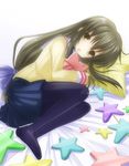  6u_(eternal_land) bad_feet bad_id bad_pixiv_id brown_eyes brown_hair clannad hikarizaka_private_high_school_uniform ibuki_fuuko long_hair lying pantyhose pillow school_uniform solo star starfish yellow_eyes 