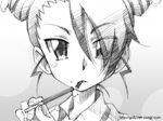  double_bun eating face food gofu greyscale hyakko looking_at_viewer monochrome mouth_hold pocky saotome_suzume sketch solo traditional_media upper_body watermark web_address 