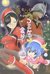  2girls akidenmania animal_costume black_hair blue_eyes breasts char_aznable chibi christmas glasses gundam hairband helmet imo-ne imouto_gundam impossible_clothes impossible_shirt large_breasts mecha mobile_suit_gundam multiple_girls reindeer reindeer_costume santa_costume shirt thighhighs zeong 