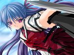  1girl game_cg koisuru_otome_to_shugo_no_tate long_hair pink_eyes purple_hair sanada_setsuku school_uniform sky smile solo sword weapon 