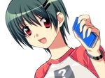  ? bad_id bad_pixiv_id cellphone hair_ornament hairclip open_mouth original phone raglan_sleeves red_eyes satomi_yoshitaka short_hair smile solo 