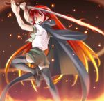  cape fire jumping long_hair non-web_source red_eyes red_hair school_uniform shakugan_no_shana shana solo sword thighhighs weapon 
