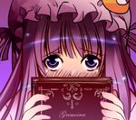  blush book book_focus hiding highres patchouli_knowledge shy solo touhou yamito(pixiv) 