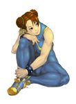  artist_request bare_shoulders blue_bodysuit bodysuit bracelet braid brown_eyes brown_hair chinese_clothes chun-li jewelry ribbon shoes sitting skin_tight smile sneakers solo spandex street_fighter street_fighter_zero_(series) thick_thighs thighs unitard 