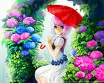  blue_eyes copyright_request flower hydrangea maguchimo pink_hair short_hair solo umbrella 