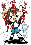  &gt;_&lt; 1girl artist_request brown_hair chibi closed_eyes kita_high_school_uniform kyon pointing school_uniform serafuku short_hair suzumiya_haruhi suzumiya_haruhi_no_yuuutsu 