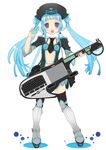  blue_eyes blue_hair blush cd drawing_tablet guitar hat highres instrument keyboard_(computer) keytar long_hair mikazukimo necktie pixiv pixiv-tan solo stylus thighhighs twintails 