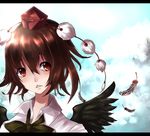  black_wings blush expressionless feathers hat looking_away neota parted_lips shameimaru_aya short_hair solo tokin_hat touhou wings 