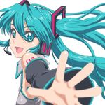  aqua_eyes aqua_hair aqua_nails foreshortening hands hatsune_miku headset long_hair lowres matsudo_aya nail_polish smile solo twintails vocaloid 