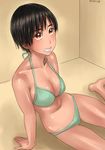  arm_support ayumu_(zenkou) barefoot bikini black_hair breasts cleavage dated green_bikini grin large_breasts looking_at_viewer navel orange_eyes original shiny shiny_skin short_hair sitting smile solo swimsuit yokozuwari zenkou 