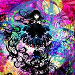  abstract black_hair colorful dress expressionless floating_hair flower kazaana long_hair looking_at_viewer looking_up original solo standing 
