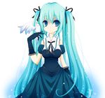  aqua_hair bird bird_on_hand blue_eyes bow dress gloves hair_bow hair_ribbon hatsune_miku long_hair ribbon sen_hitoha solo twintails vocaloid 