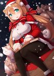  animal_ears black_legwear book boots breasts brown_hair cat cat_ears dutch_angle green_eyes hat highres large_breasts long_hair low_twintails original pantyhose sack santa_hat sitting smile snowing solo twintails zenn 