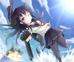  akatsuki_(kantai_collection) black_hair blue_eyes explosion hat hat_removed headwear_removed kantai_collection long_hair looking_at_viewer navel neckerchief one_eye_closed pantyhose red_neckwear rin_yuu school_uniform serafuku skirt solo torn_clothes torn_legwear water 