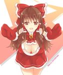  alternate_costume bad_id bad_pixiv_id bow breasts brown_eyes brown_hair christmas cleavage gloves hair_bow hair_tubes hakurei_reimu highres large_breasts long_hair looking_at_viewer merry_christmas mittens open_mouth red_gloves santa_costume solo touhou x&amp;x&amp;x 
