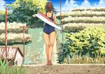  ass bare_legs barefoot blue_sky blush body_mahattaya_ginga brown_hair building cloud day dirty_feet dressing farm from_behind grass ground i-401_(kantai_collection) kantai_collection landscape ocean one-piece_swimsuit outdoors ponytail power_lines road rural scenery school_swimsuit short_hair sky swimsuit tree walking 
