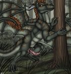  anthro black_dragon brown_feathers claws cum dragon erection feathers forest grass horn leaking male nude outside penis red_eyes scalie solo standing stripes tapering_penis tree wemd western_dragon 