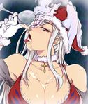  breasts bust_cup christmas cleavage cum cum_in_cup cum_in_mouth cum_on_body cum_on_breasts cum_on_upper_body drag-on_dragoon drag-on_dragoon_3 flower_eyepatch gloves gokkun hat huge_breasts karei_(zeroseed) mikhail_(drag-on_dragoon) open_mouth red_eyes santa_hat sexually_suggestive solo tongue white_gloves white_hair zero_(drag-on_dragoon) 