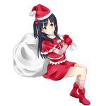  bad_id bad_pixiv_id black_hair brown_eyes gloves hair_bobbles hair_ornament hat kitashirakawa_anko long_hair miro_(katsushikashibamata) one_side_up red_gloves sack santa_costume santa_hat smile solo tamako_market 