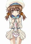  :&lt; assisted_exposure beret brown_eyes brown_hair cat creature error_musume girl_holding_a_cat_(kantai_collection) hat humanization kantai_collection kuroniwa lifted_by_another long_sleeves panties pleated_skirt shirt simple_background skirt skirt_lift solo standing twintails underwear white_background white_panties white_shirt white_skirt 