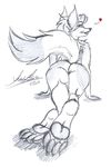  4_toes anthro back_view big_butt butt canine claws digitigrade female foot_focus fox hindpaw hippiewolf hybrid male mammal nude pawpads paws plain_background presenting presenting_hindquarters sexy_face smile soles solo straight toes white_background wolf 