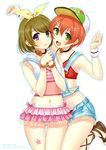  :d bangle bikini blush bracelet cross-laced_footwear green_eyes hair_ornament hair_ribbon hairclip hat hoshizora_rin jewelry kazuharu_kina koizumi_hanayo love_live! love_live!_school_idol_project midriff multiple_girls natsuiro_egao_de_1_2_jump! navel one_eye_closed open_fly open_mouth orange_hair purple_eyes red_hair ribbon short_hair shorts skirt smile suspenders swimsuit tattoo unzipped wristband 