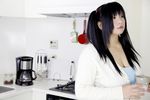  1girl asian black_hair breasts chouzuki_maryou cleavage coffee coffee_maker frying_pan hips kitchen large_breasts oven photo plump sink solo stove thick_thighs thighs wide_hips 