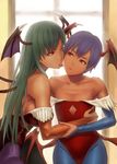  arm_grab backlighting bare_shoulders bridal_gauntlets bugfix green_hair head_wings holding leotard lilith_aensland long_hair looking_at_another morrigan_aensland multiple_girls pantyhose purple_hair red_eyes red_leotard short_hair siblings sisters tongue tongue_out vampire_(game) window 