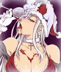  blood breasts bust_cup christmas cleavage drag-on_dragoon drag-on_dragoon_3 flower_eyepatch gloves hat huge_breasts karei_(zeroseed) mikhail_(drag-on_dragoon) open_mouth red_eyes santa_hat solo tongue white_gloves white_hair zero_(drag-on_dragoon) 