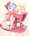  ;d alternate_costume aogiri_sei blonde_hair blue_hair blush casual chestnut_mouth flandre_scarlet gloves multiple_girls no_hat no_headwear no_wings one_eye_closed open_mouth pantyhose red_eyes remilia_scarlet scarf shared_scarf short_hair siblings side_ponytail sisters smile touhou 