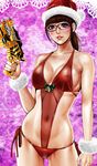  1girl breasts brown_eyes brown_hair christmas glasses gun hat long_hair original santa_hat solo super_sentai swimsuit tabe_koji weapon yayoi_ulshade zyuden_sentai_kyoryuger 