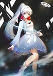  absurdres blue_eyes dress highres holding holding_sword holding_weapon jewelry lancefate left-handed light_smile long_hair myrtenaster necklace ponytail rapier rwby solo sword weapon weiss_schnee white_hair 