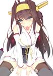  ahoge blush boots breasts brown_hair condom condom_in_mouth detached_sleeves double_bun grey_eyes grey_legwear hairband jougen kantai_collection kongou_(kantai_collection) long_hair looking_at_viewer medium_breasts mouth_hold nontraditional_miko sitting smile solo thigh_boots thighhighs v_arms wariza white_background 