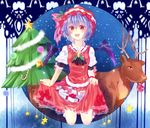  bat_wings blue_hair blush bow christmas christmas_tree fang hat hat_bow open_mouth red_eyes reindeer remilia_scarlet shikke_(1877944) short_hair skirt_basket solo touhou wings 