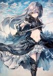  armor armored_dress black_armor boots cloud gloves greaves grey_eyes grey_hair highres long_hair midriff navel original shiguma_(sigmasmail) skirt sky smile solo sword thigh_boots thighhighs weapon zettai_ryouiki 