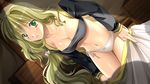  1girl blonde_hair breasts cleavage game_cg green_eyes highres legs long_hair looking_at_viewer medium_breasts panties senjou_no_folklore:_boukoku_no_kishi_dan skirt surprised thighs underwear undressing yamamoto_kazue 