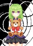  blush bow button_eyes dress frown green_hair highres layered_dress long_sleeves looking_at_viewer mikagemaru_(mikage000) no_hat no_headwear object_hug purple_eyes shiki_eiki short_hair skirt solo stuffed_animal stuffed_toy teddy_bear touhou two-tone_background younger 
