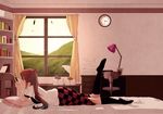  bow braid cellphone checkered checkered_skirt feathers hair_bow himekaidou_hatate leg_up long_hair lying on_side phone ryuu_(tsukinoyuki) skirt solo touhou twin_braids 