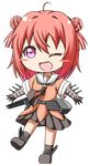  ahoge akaza_akari blush_stickers chibi cosplay double_bun full_body gloves gurande_(g-size) kantai_collection look-alike naka_(kantai_collection) naka_(kantai_collection)_(cosplay) one_eye_closed open_mouth pink_eyes pink_hair red_hair school_uniform serafuku short_hair skirt smile solo transparent_background yuru_yuri 