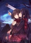  :d black_hair black_legwear blush boots breath brown_hair coat cuddling highres holding_hands hug jacket kyuri long_hair multiple_girls night night_sky open_mouth original pointing pointing_up profile scarf shared_scarf short_hair sitting sky smile star_(sky) stargazing starry_sky sweater telescope thermos thighhighs tree winter_clothes yuri 