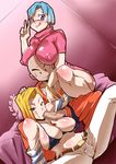  1boy 2girls :q android_18 bald bare_shoulders bikini_top blonde_hair blue_eyes blue_hair breast_rest breasts breasts_on_head bulma covered_nipples detached_sleeves dragon_ball dragonball_z erect_nipples fellatio hand_on_head heart heart-shaped_pupils huge_breasts kuririn looking_at_viewer multiple_girls nipples oral penis rickert_kai sitting spread_legs symbol-shaped_pupils tongue tongue_out uncensored 
